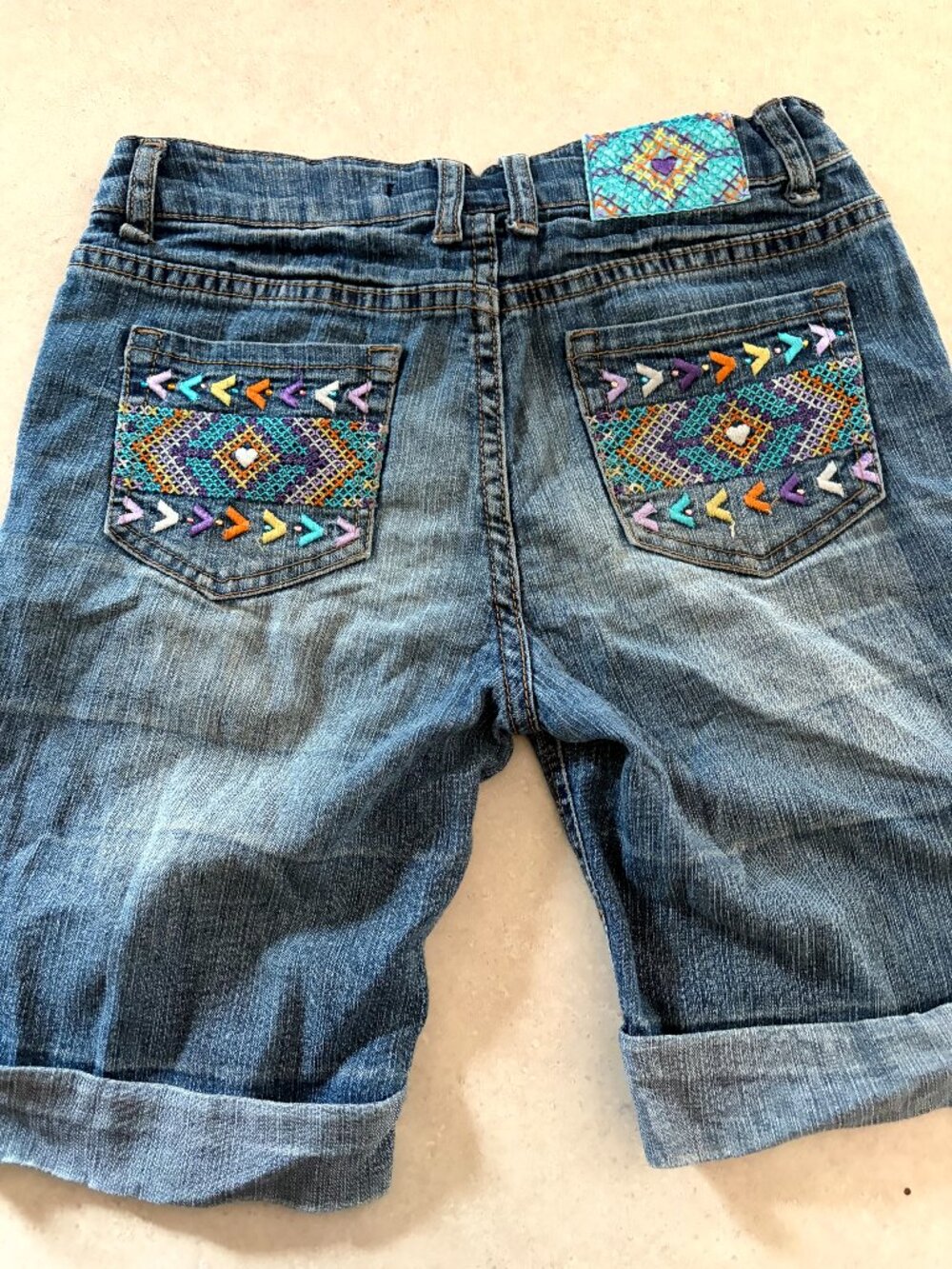 Girls Y2K Embroidered Jean Shorts Size 12 Bermuda Style Route 66 Brand Adj waist